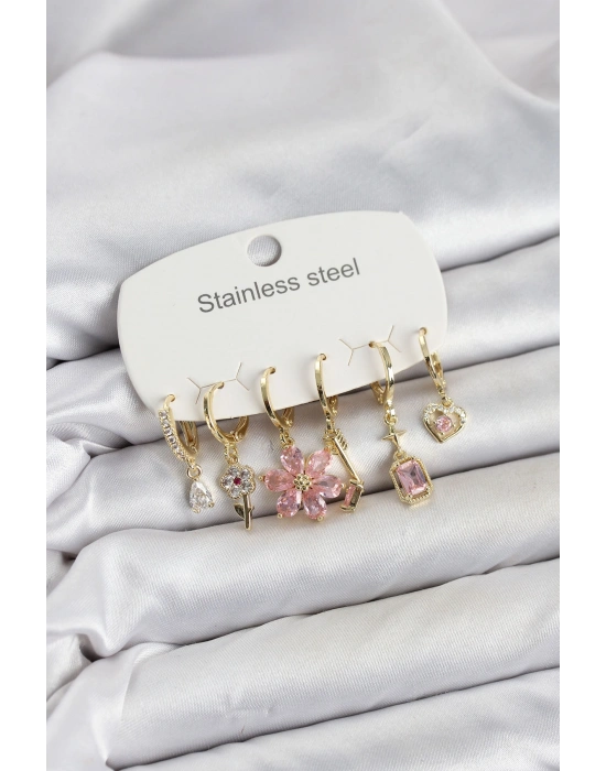 316L Çelik Gold Renk Pembe Zirkon Taşlı Lotus Detaylı Kadın Küpe Seti