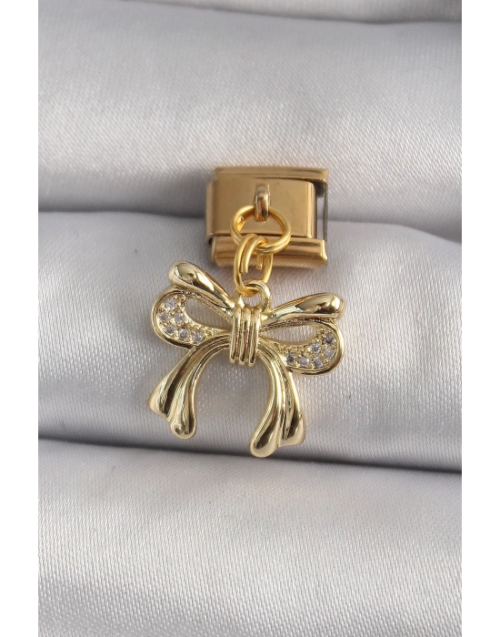 316L Çelik Gold Renk Sallantı Zirkon Taşlı Fiyonk Model Nomination Charm