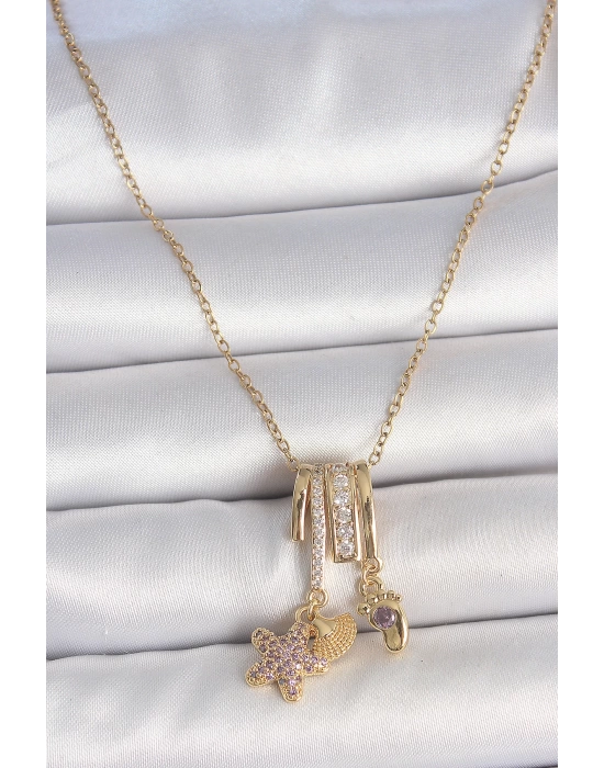 316L Çelik Gold Renk Sallantı Zirkon Taşlı Mor Taşlı Ayıcık Figür Charm Kadın Kolye