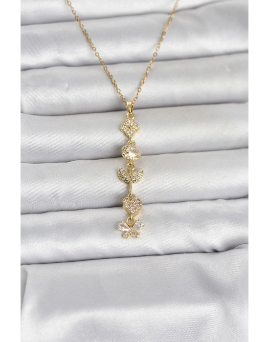 316L Çelik Gold Renk Şans Kolyesi Y Model Zirkon Taşlı Kadın Kolye