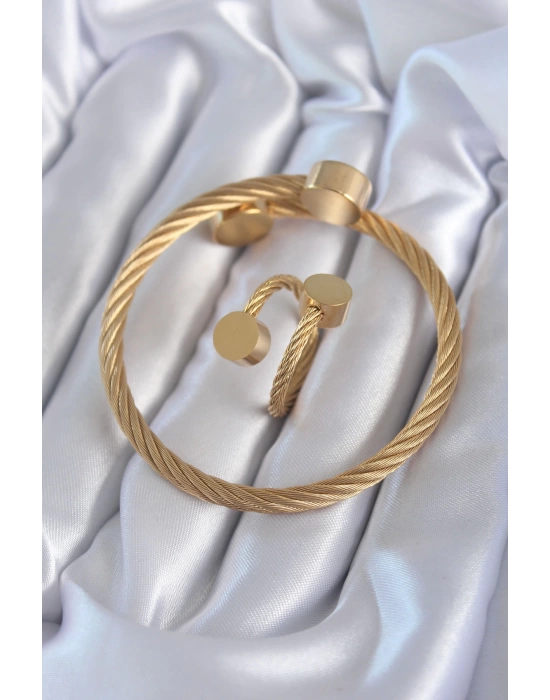 316L Çelik Gold Renk Sarmal Model Erkek Bileklik Yüzük Kombini