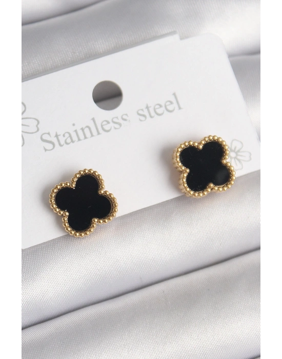 316L Çelik Gold Renk Siyah Yonca Model Kadın Küpe