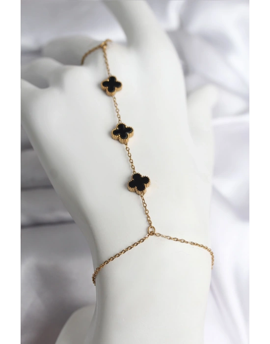 316L Çelik Gold Renk Siyah Yonca Model Kadın Şahmeran