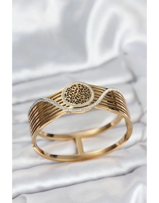 316L Çelik Gold Renk Yaşam Ağacı Modelli Kadın Kelepçe Bileklik