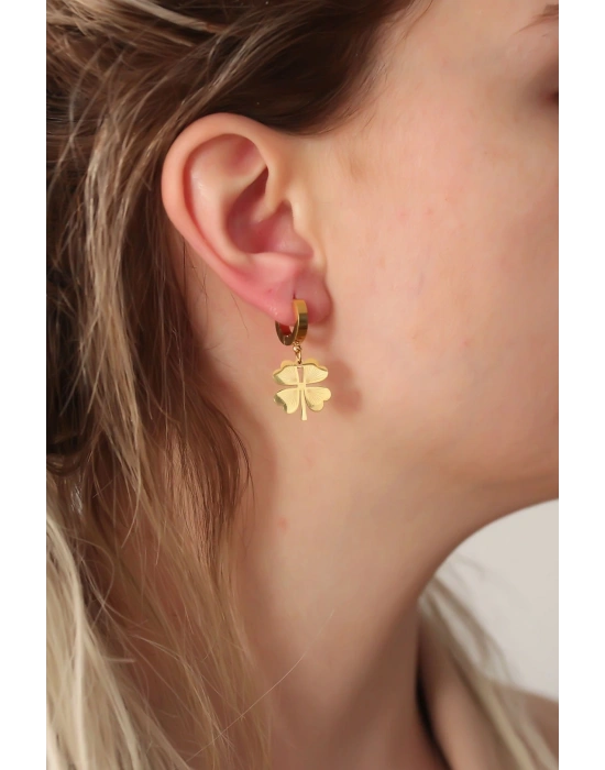 316L Çelik Gold Renk Yonca Küpe