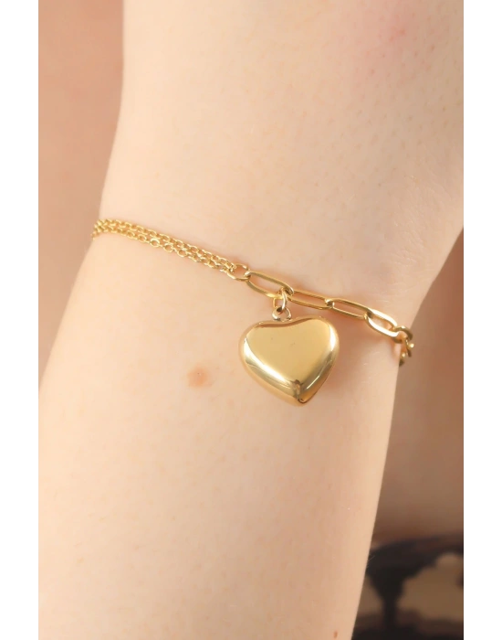 316L Çelik Gold Renk Zincir Model Kalp Figür Kadın Bileklik
