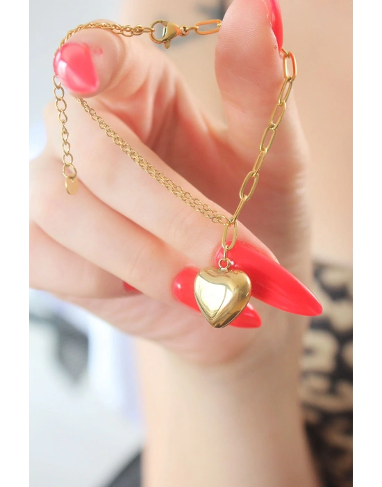 316L Çelik Gold Renk Zincir Model Kalp Figür Kadın Bileklik