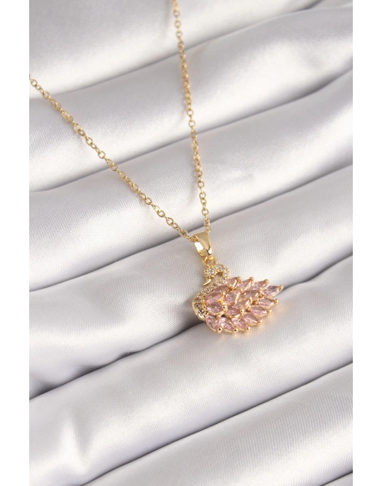 316L Çelik Gold Renk Zincir Pembe Zirkon Taşlı Kuğu Model Kadın Kolye