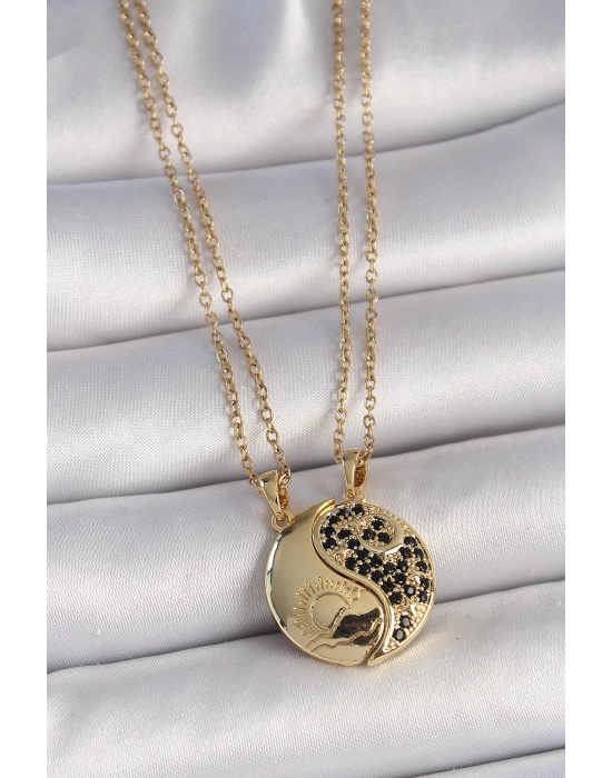 316L Çelik Gold Renk Zincir Zirkon Taşlı Ying Yang Model Gün Batımı İşlemeli Arkadaşlık Kadın Kolye