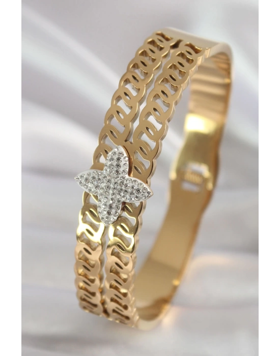 316L Çelik Gold Renk Zirkon Taşlı Çiçek Model Kadın Kelepçe