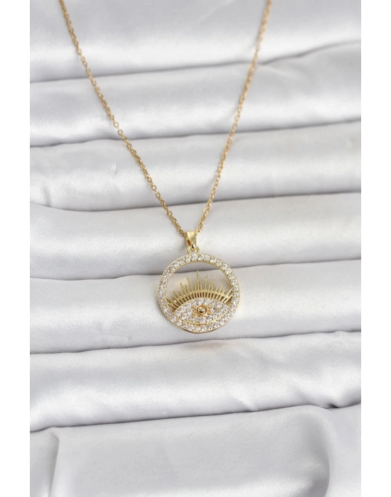 316L Çelik Gold Renk Zirkon Taşlı Göz Model Kadın Kolye