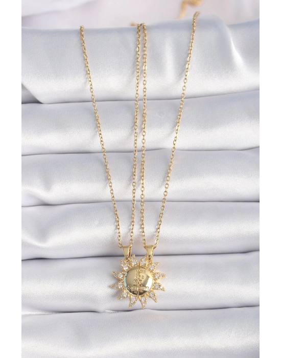 316L Çelik Gold Renk Zirkon Taşlı Güneş Model İşleme Yazı Detay Arkadaş Kolyesi