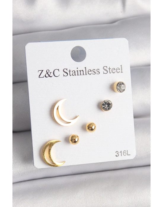 316L Çelik Gold Renk Zirkon Taşlı Hilal Model Kadın Küpe Seti