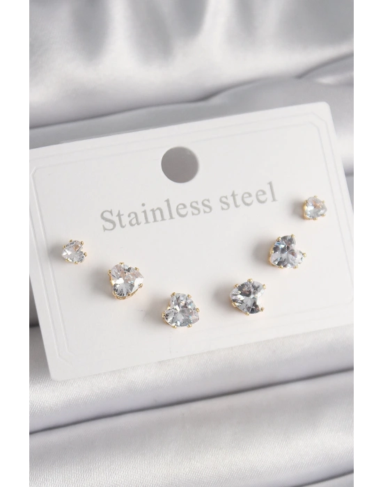 316L Çelik Gold Renk Zirkon Taşlı Kalp Model Kadın Küpe Seti