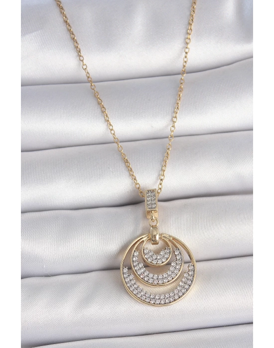 316L Çelik Gold Renk Zirkon Taşlı Madalyon Model Kadın Kolye