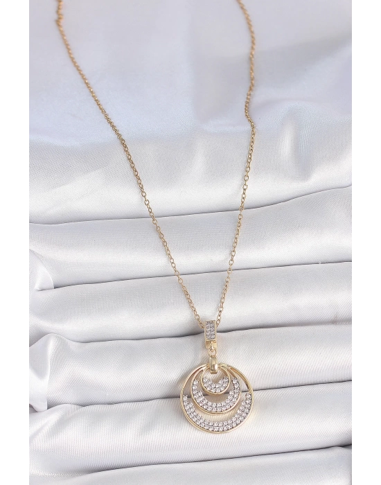 316L Çelik Gold Renk Zirkon Taşlı Madalyon Model Kadın Kolye