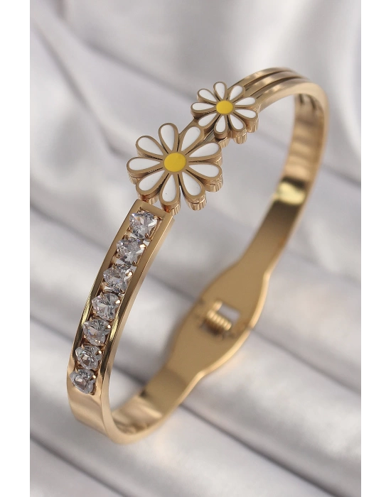 316L Çelik Gold Renk Zirkon Taşlı Papatya Model Kadın Kelepçe