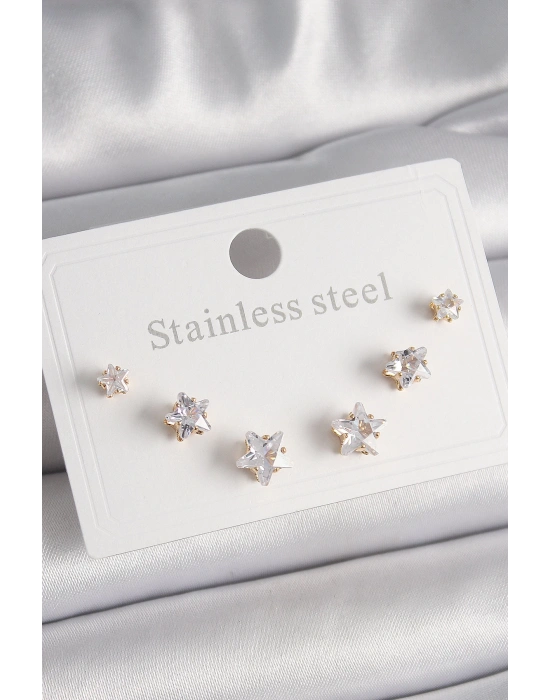 316L Çelik Gold Renk Zirkon Taşlı Yıldız Model Kadın Küpe Seti