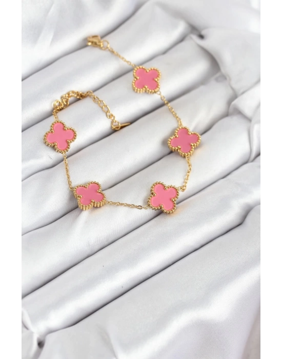 316L Çelik Gold Zincir Pembe Yonca Renk Bileklik
