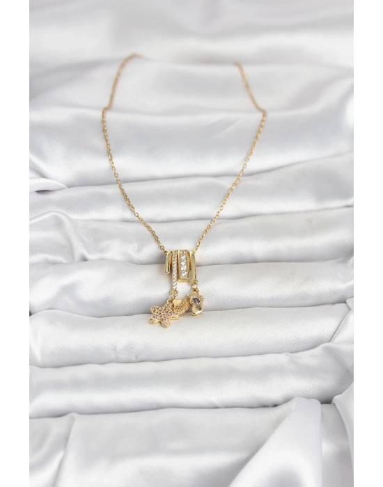 316L Çelik Gold Zirkon Taşlı Deniz Tema Charmlı Kadın Kolye