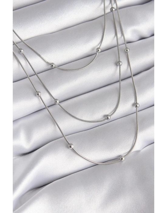 316L Çelik Gümüş Renk 3lü Topçuk Detay Kadın Kolye