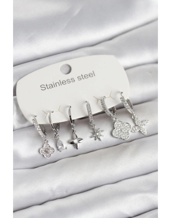 316L Çelik Gümüş Renk 6lı Set Yonca Model Kadın Küpe