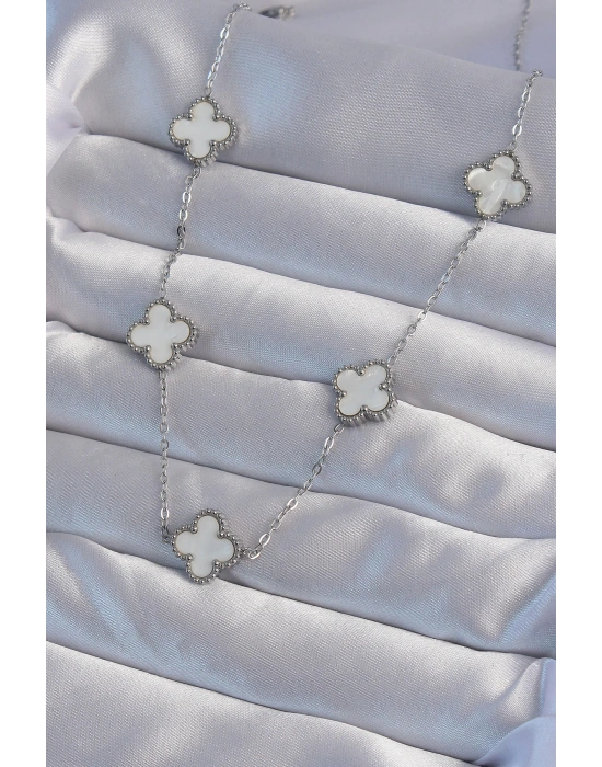 316L Çelik Gümüş Renk Beyaz Sedefli Yonca Kolye