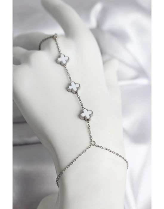 316L Çelik Gümüş Renk Beyaz Yonca Model Kadın Şahmeran