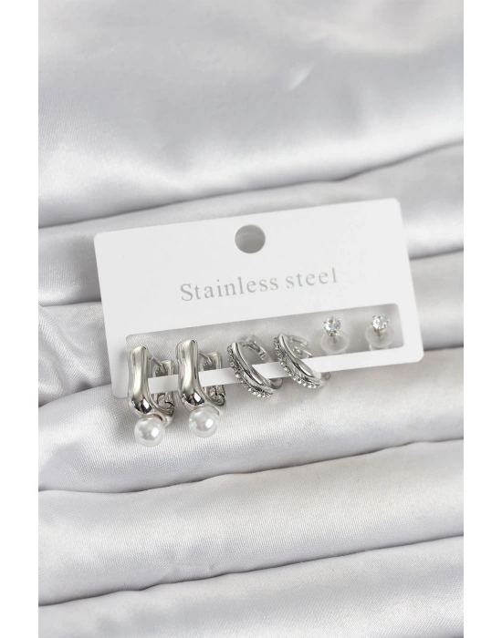 316L Çelik Gümüş Renk Kadın Küpe Seti