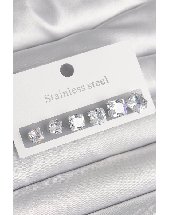 316L Çelik Gümüş Renk Kare Zirkon Taşlı Kadın Küpe Seti