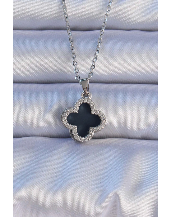 316L Çelik Gümüş Renk Siyah Mineli Zirkon Taşlı Yonca Figürlü Kolye