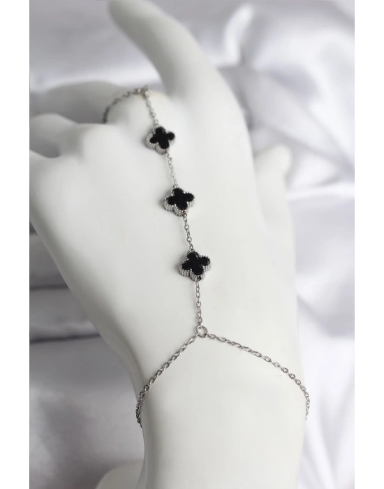 316L Çelik Gümüş Renk Siyah Yonca Model Kadın Şahmeran