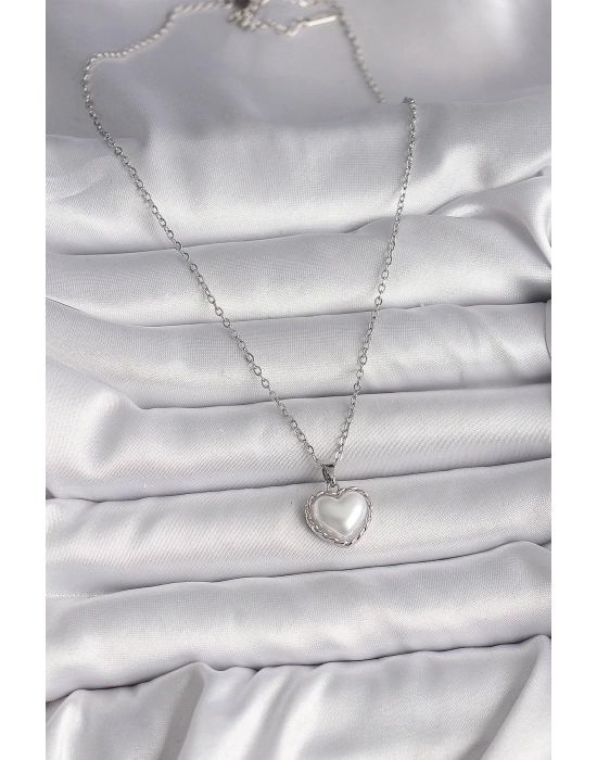 316L Çelik Gümüş Renk Zincir 3D İnci Kalp Model Kadın Kolye