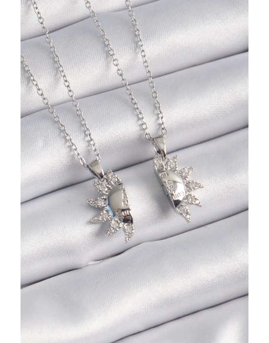 316L Çelik Gümüş Renk Zirkon Taşlı Güneş Model İşleme Yazı Detay Arkadaşlık Kolyesi