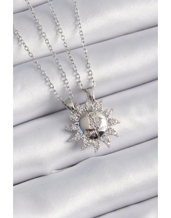 316L Çelik Gümüş Renk Zirkon Taşlı Güneş Model İşleme Yazı Detay Arkadaşlık Kolyesi