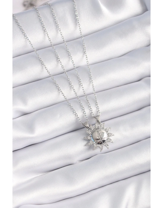 316L Çelik Gümüş Renk Zirkon Taşlı Güneş Model İşleme Yazı Detay Arkadaşlık Kolyesi