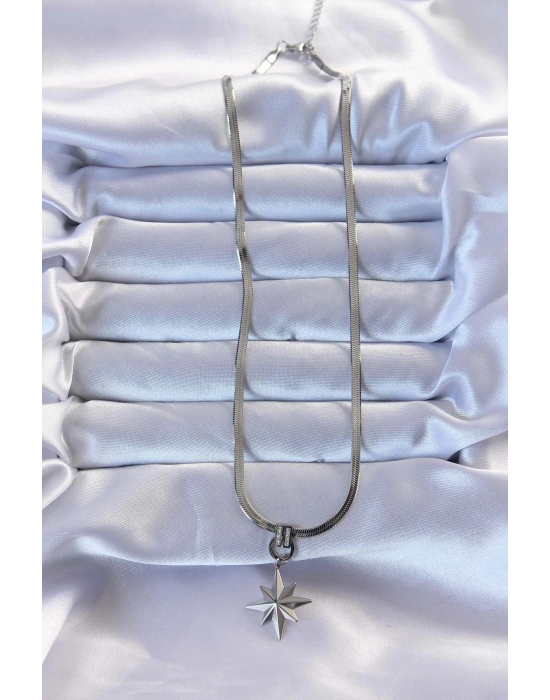 316L Çelik Gümüş Renk Zirkon Taşlı İtalyan Zincirli Kutup Yıldızı Kolye