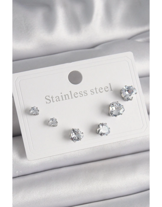 316L Çelik Gümüş Renk Zirkon Taşlı Kalp Model Kadın Küpe Seti