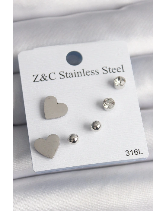 316L Çelik Gold Renk Zirkon Taşlı Kalpli Kadın Küpe Seti