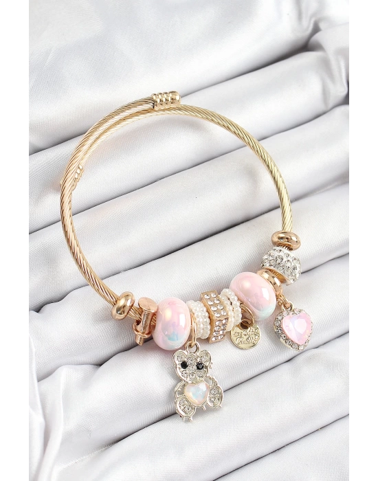 316L Çelik Pembe Zirkon Taşlı Ayıcık Ve Kalp Model Gold Renk Charm Bileklik