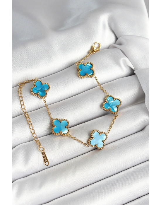 316L Çelik Sedefli Gökyüzü Mavisi Gold Renk Yonca Kadın Bileklik