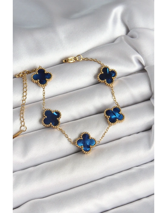 316L Çelik Sedefli Lacivert Gold Renk Yonca Kadın Bileklik