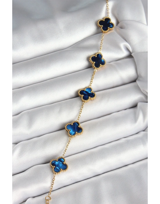 316L Çelik Sedefli Lacivert Gold Renk Yonca Kadın Bileklik