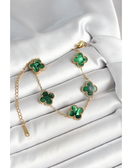 316L Çelik Sedefli Zümrüt Yeşil Gold Renk Yonca Kadın Bileklik