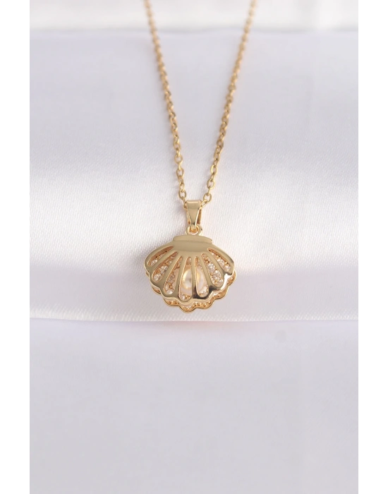 316L Çelik Zincir Altın Renk Zirkon Taşlı İnci Detay İstiridye Kolye