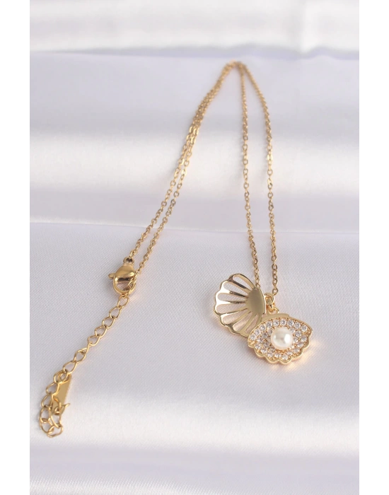 316L Çelik Zincir Altın Renk Zirkon Taşlı İnci Detay İstiridye Kolye