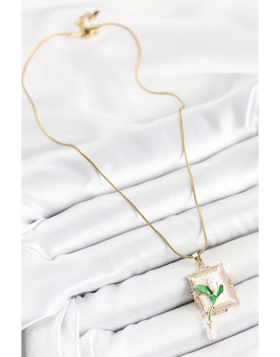 316L Çelik Zincir Beyaz Sanatsal Portre Sallantılı İnci Detaylı Lale Model Gold Renk Kadın Kolye