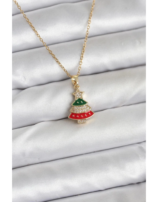 316L Çelik Zincir Gold Ren Çam Ağacı Model Zirkon Taşlı Yılbaşı Temalı Kadın Kolye