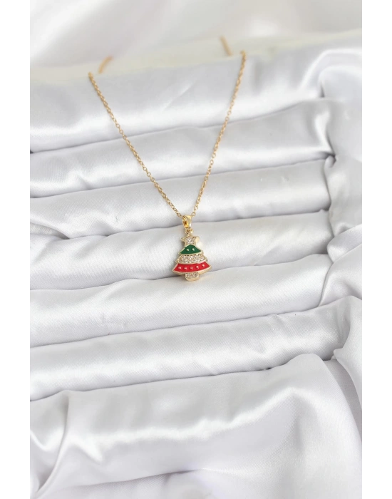 316L Çelik Zincir Gold Ren Çam Ağacı Model Zirkon Taşlı Yılbaşı Temalı Kadın Kolye