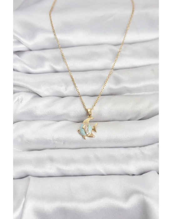 316L Çelik Zincir Gold Renk Balık Model Zirkon Taşlı Kadın Kolye